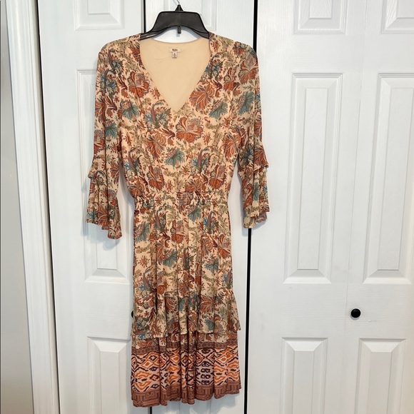Reba Dresses & Skirts - Reba Autumn Tones Peach Rust Brown Blue Green Floral Flowy Boho Midi Dress SZ M